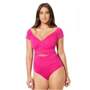 NWOT Swimsuits for All Plus Size 20 Cap Sleeve Cut-Out One-Piece 40D/DD Pink
